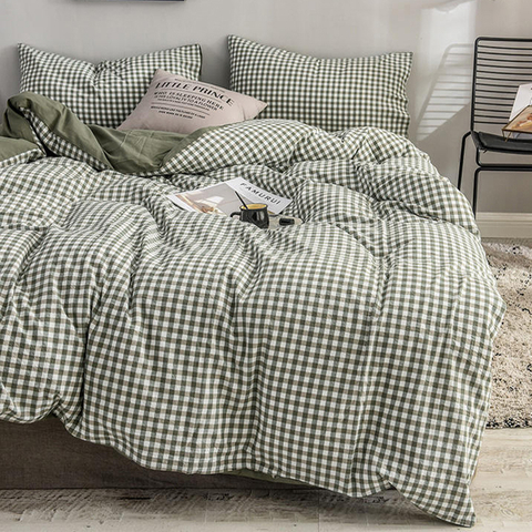 Home Textile Soft Cotton Fabric Bed Sheet Set Olive Plaid